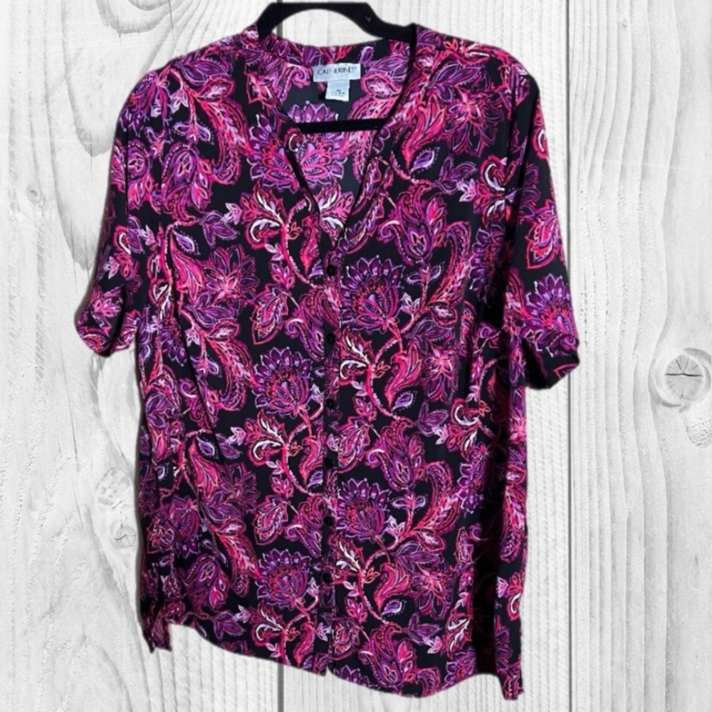 Catherines Floral Button Down Paisley office church 0x 14-16 Short Sleeve chic